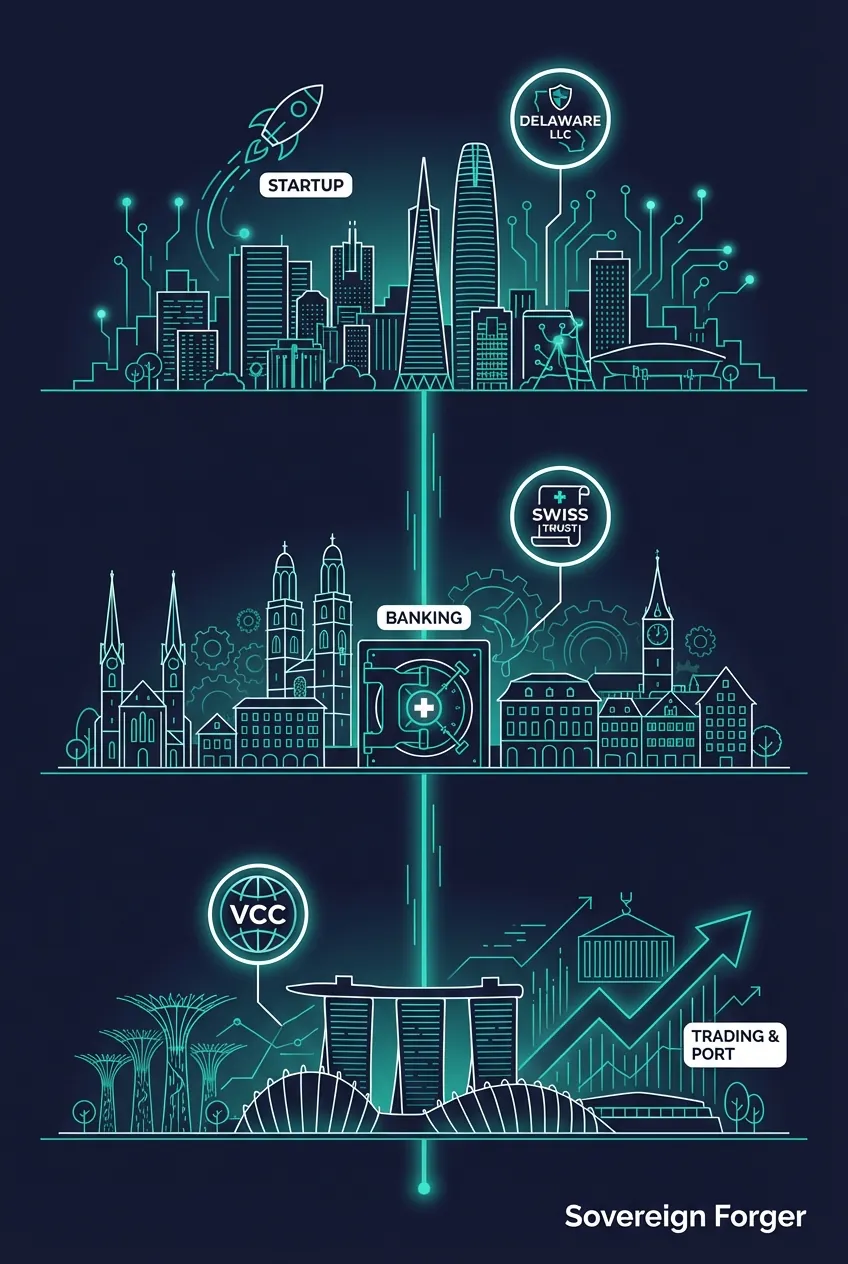 World map highlighting three wealth ecosystems — Silicon Valley tech exits, Zurich private banking, and Singapore commodity trading — each with distinct UHNWI profile structures
