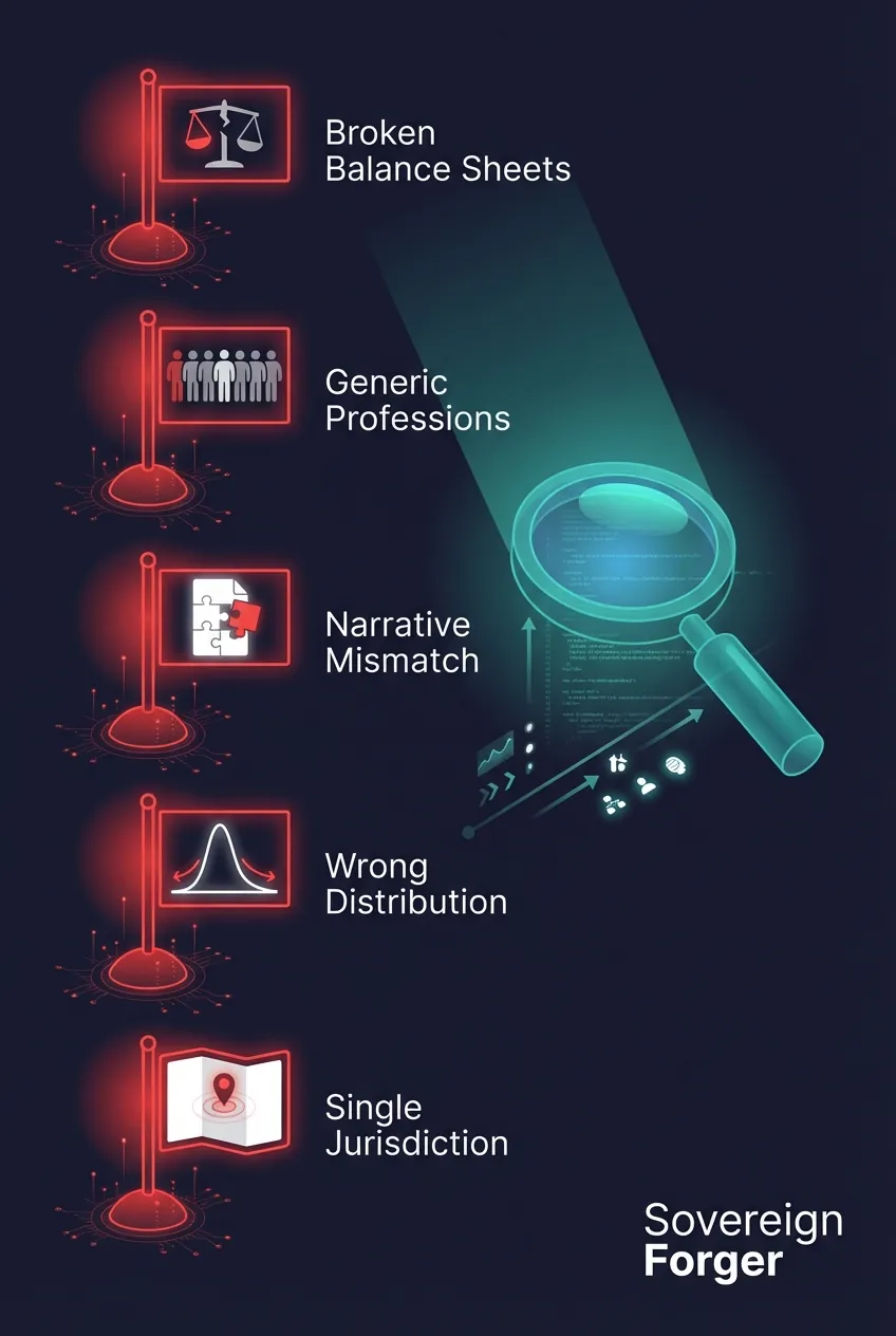 Five red flag warning icons for evaluating synthetic UHNWI data — broken balance sheets, generic professions, narrative mismatch, bell curve distribution, and single jurisdiction