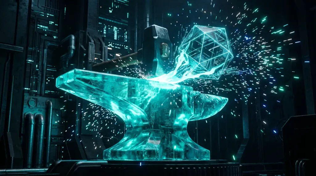 a futuristic 3d abstract forge or anvil glowing t 1770766914150