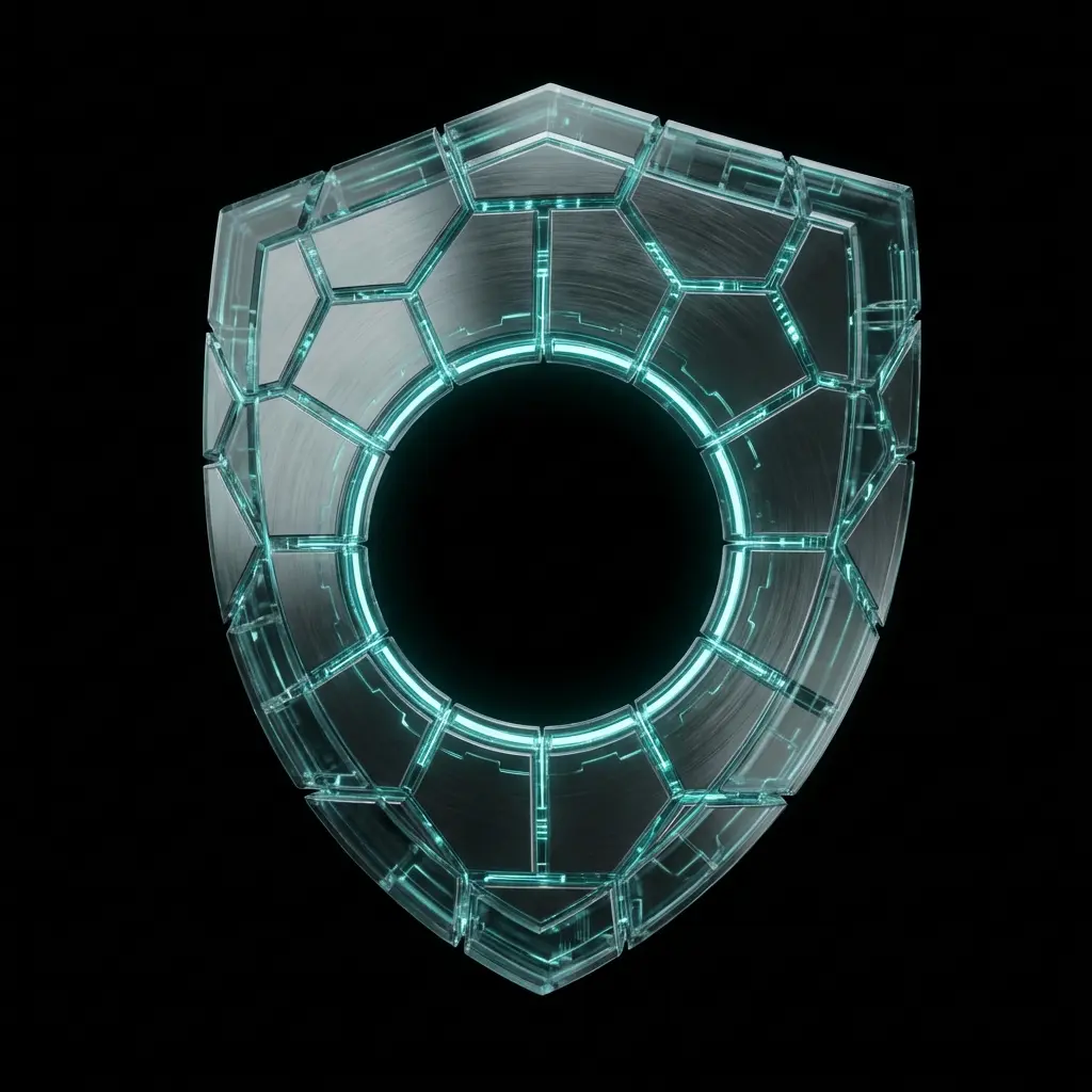 a futuristic 3d translucent shield with a void at 1770743283530