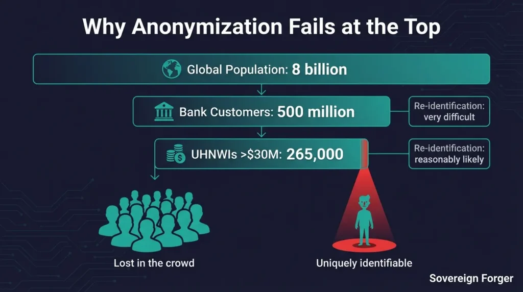 Population funnel showing why anonymization fails for UHNWI — from 8 billion global population to just 265,000 UHNWIs who are uniquely identifiable