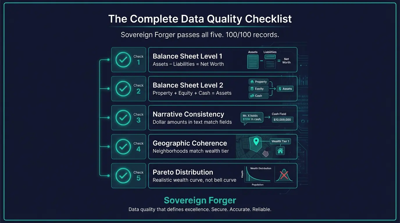 Complete five-point data quality checklist for synthetic HNWI data — balance sheet, asset decomposition, narrative consistency, geographic coherence, and Pareto distribution
