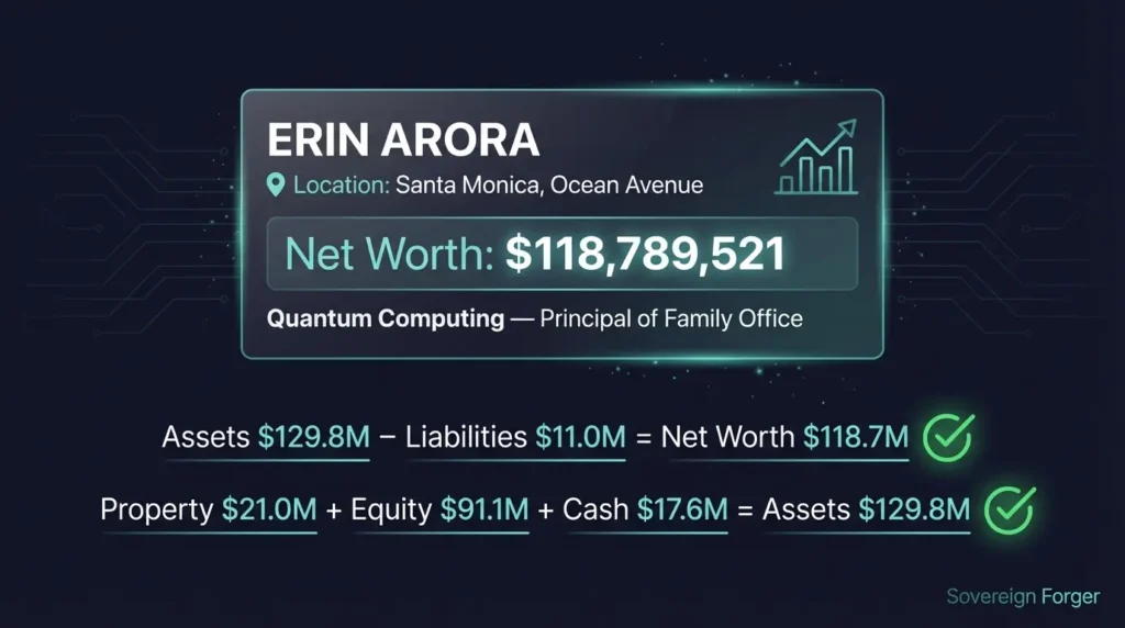 Synthetic UHNWI profile card showing balanced financial data where assets minus liabilities equals net worth with mathematical verification checkmarks