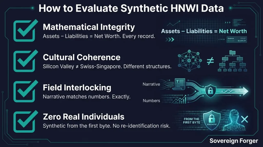 Four-point checklist for evaluating synthetic HNWI data — mathematical integrity, cultural coherence, field interlocking, and zero real individuals