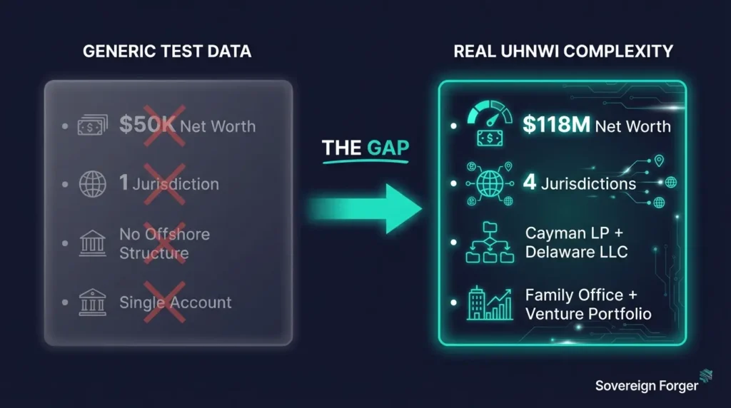 Infographic comparing generic test data with simple fields versus real UHNWI complexity showing multi-jurisdictional holdings and offshore structures
