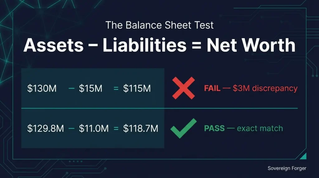The balance sheet test equation — assets minus liabilities equals net worth — showing a failing record with discrepancy versus a passing record with exact match