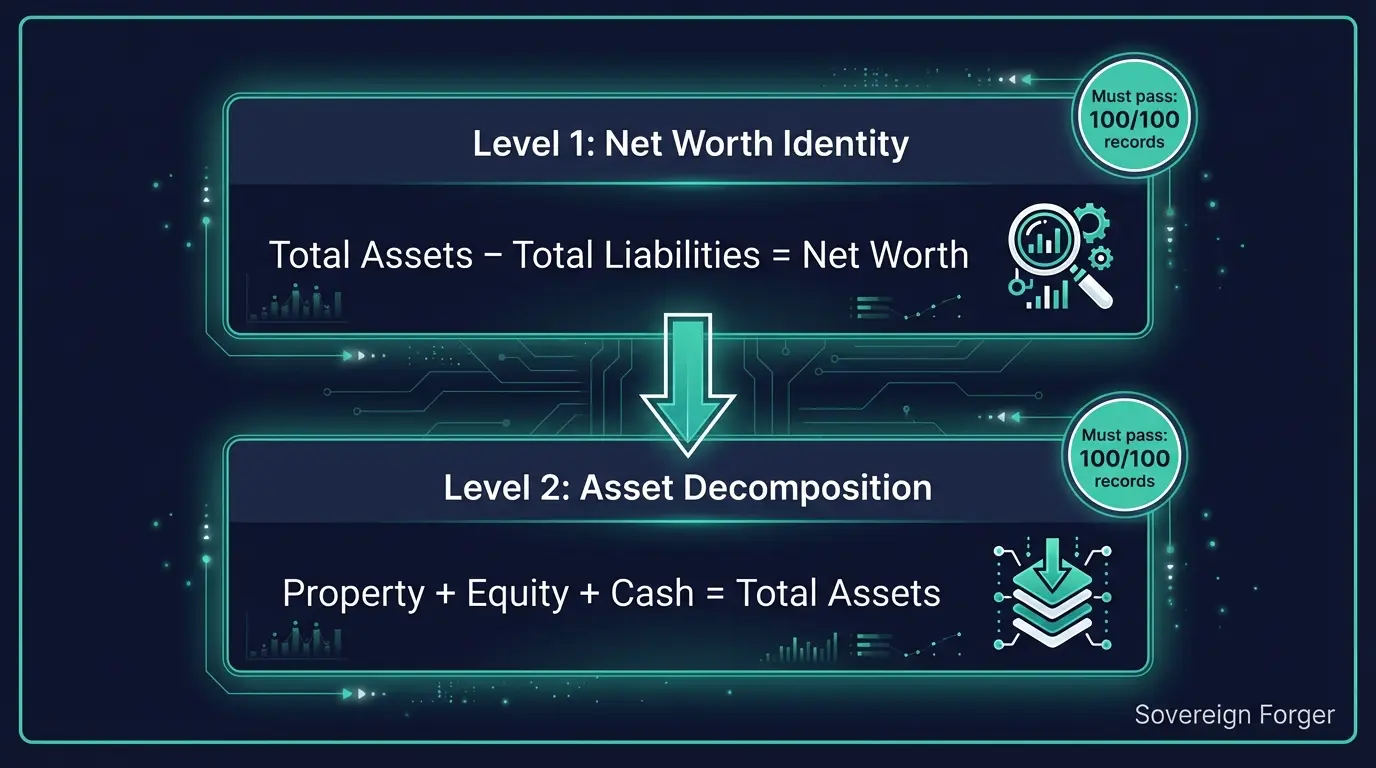 Diagram showing two levels of the balance sheet test — Level 1 net worth identity and Level 2 asset decomposition — each requiring 100 percent pass rate