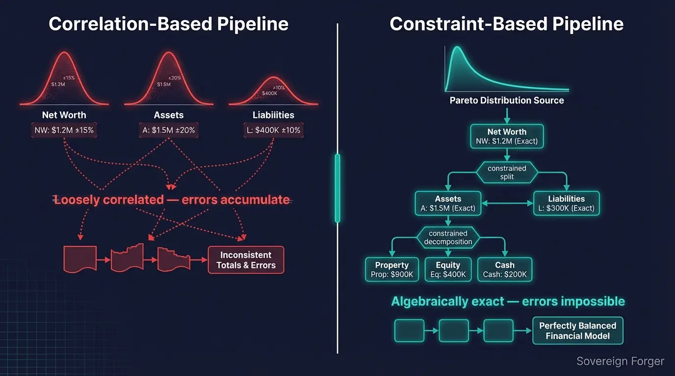 Comparison of correlation-based synthetic data pipeline producing errors versus constraint-based born-synthetic pipeline producing algebraically exact results
