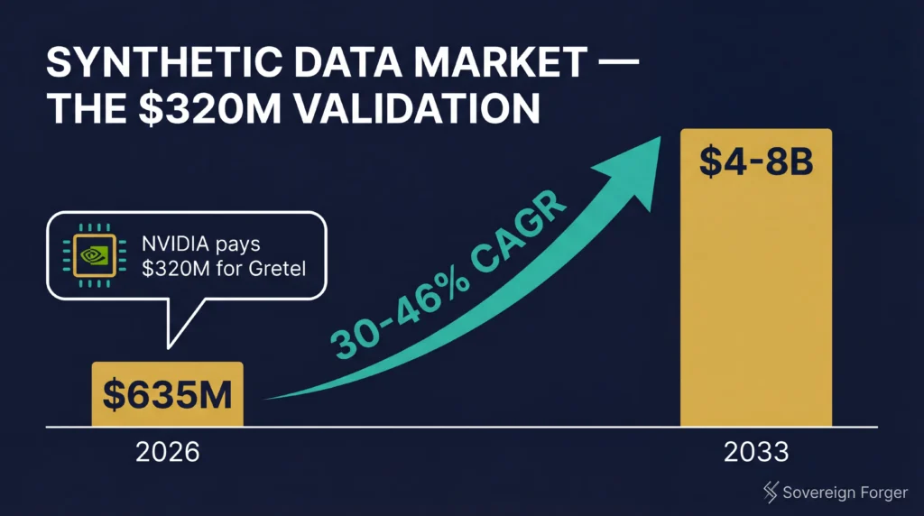 Synthetic data market growing from $635M in 2026 to $4-8B by 2033, with NVIDIA