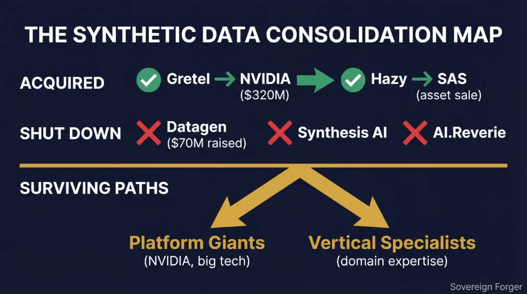 Synthetic data market consolidation — acquisitions (Gretel, Hazy), shutdowns (Datagen, Synthesis AI), and two surviving strategies