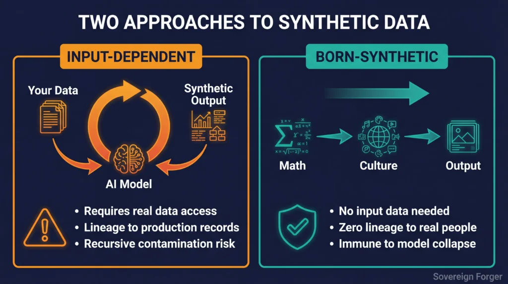 Input-dependent synthesis requires your data and carries lineage — born-synthetic starts from math with zero lineage — complementary approaches