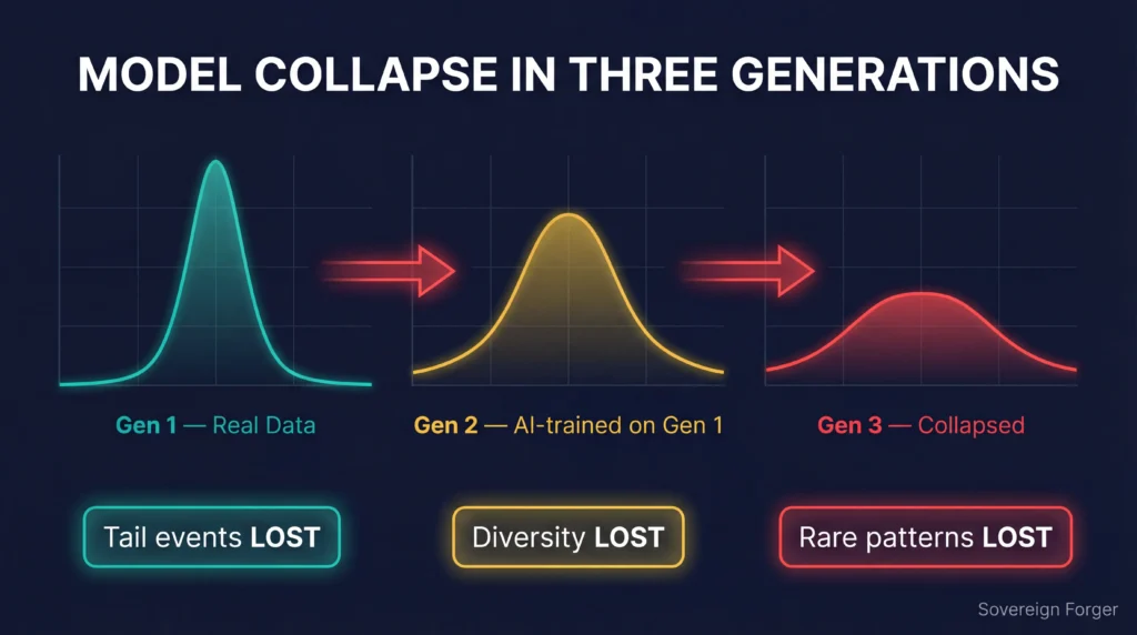 Three generations of model collapse — sharp original distribution degrades to flat featureless curve as AI trains on its own output