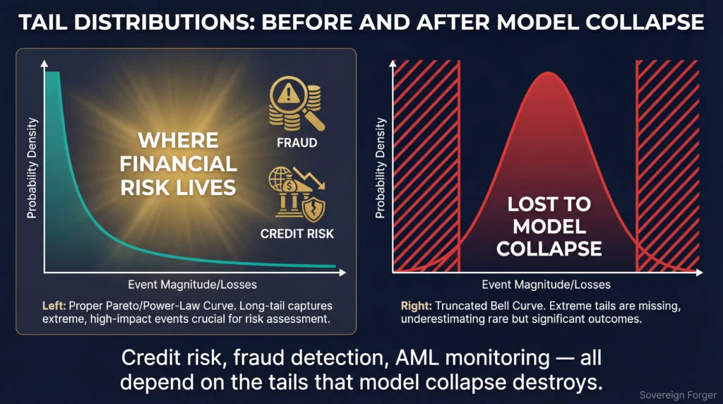 Pareto distribution with preserved tail (born-synthetic) versus collapsed distribution with lost tails after recursive AI training