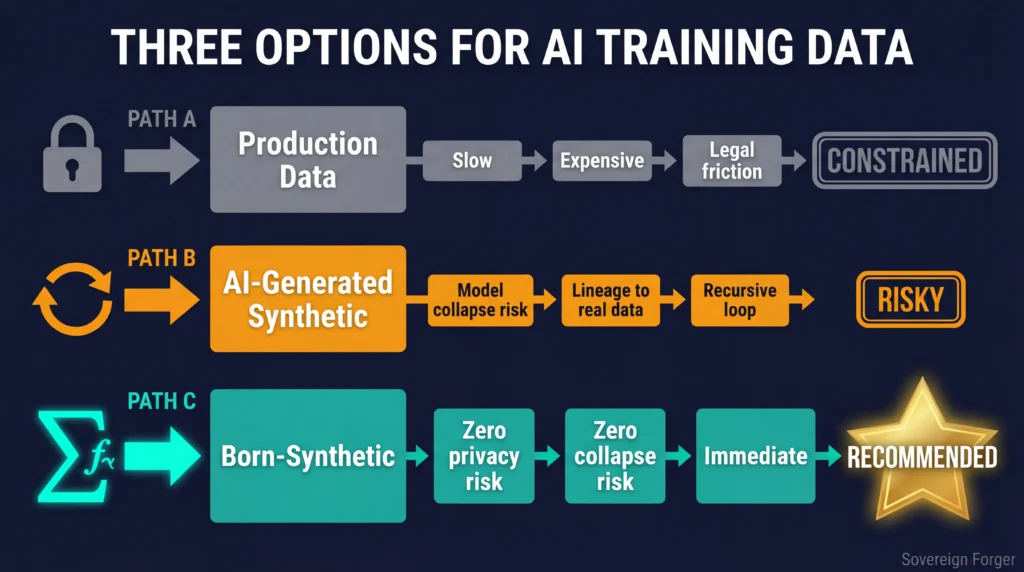 Three paths for AI training data — production data (slow/expensive), AI synthetic (model collapse risk), born-synthetic (zero risk, recommended)