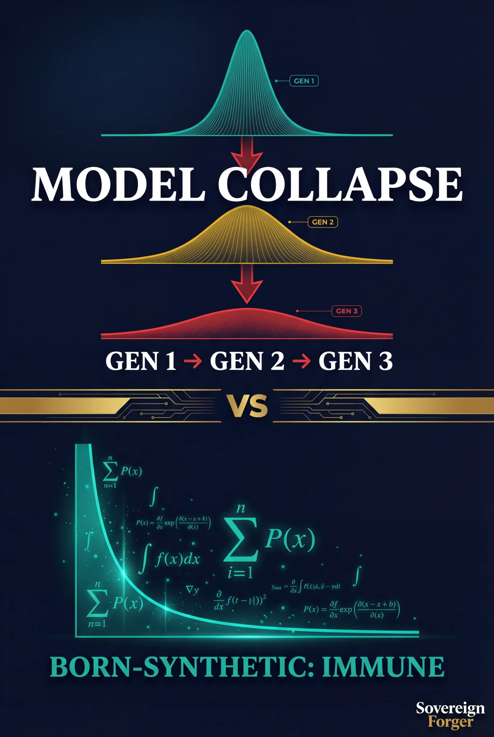 Model collapse spiral showing three generations of AI training degradation, with born-synthetic data breaking free as an immune alternative