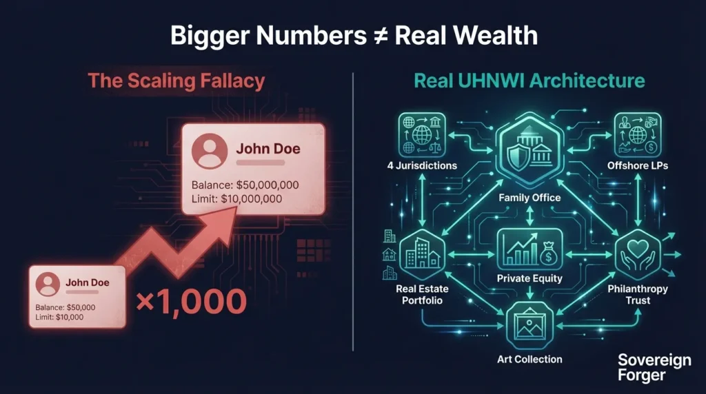 The scaling fallacy — multiplying a simple retail profile by 1000x produces bigger numbers but identical structure compared to real UHNWI architecture with family offices and multiple jurisdictions