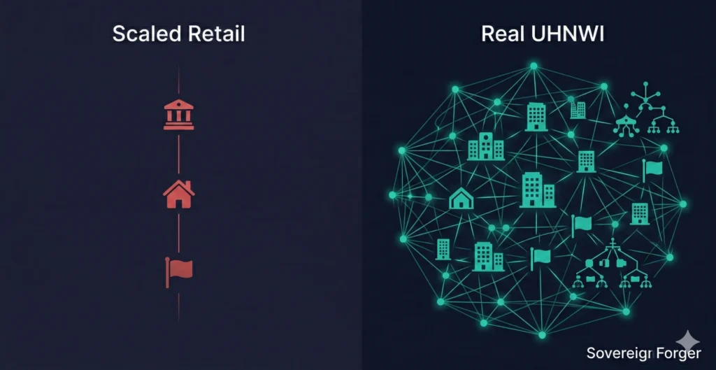 Comparison of scaled retail profile versus real UHNWI profile across six structural dimensions including jurisdictions, asset classes, and entity complexity