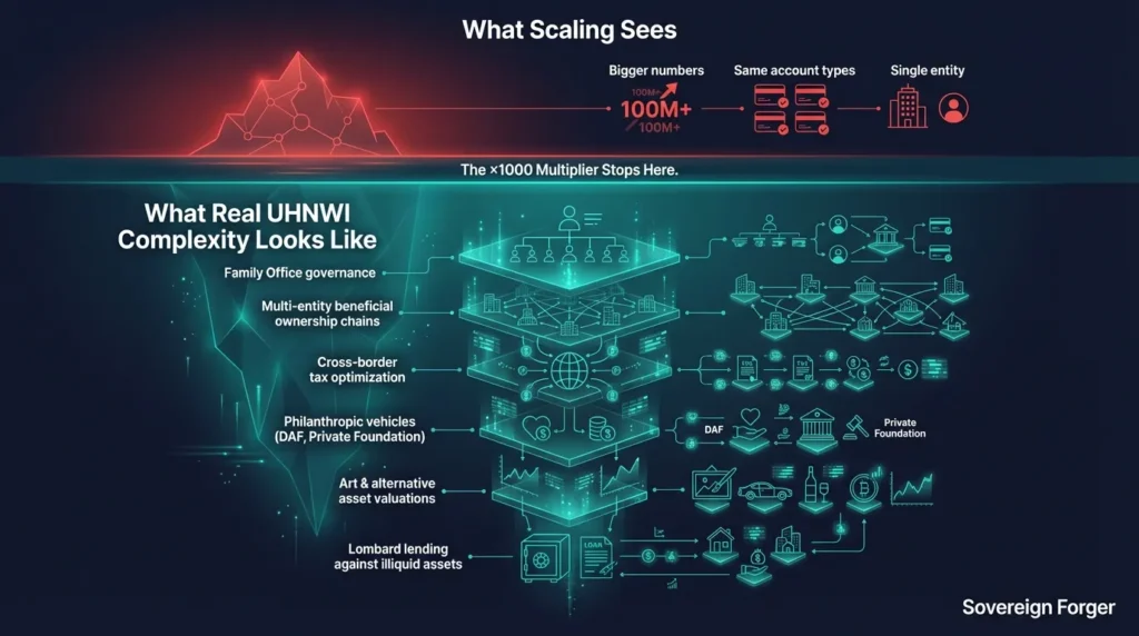 Iceberg diagram showing what simple scaling sees above the waterline versus the deep structural complexity of real UHNWI wealth below the surface