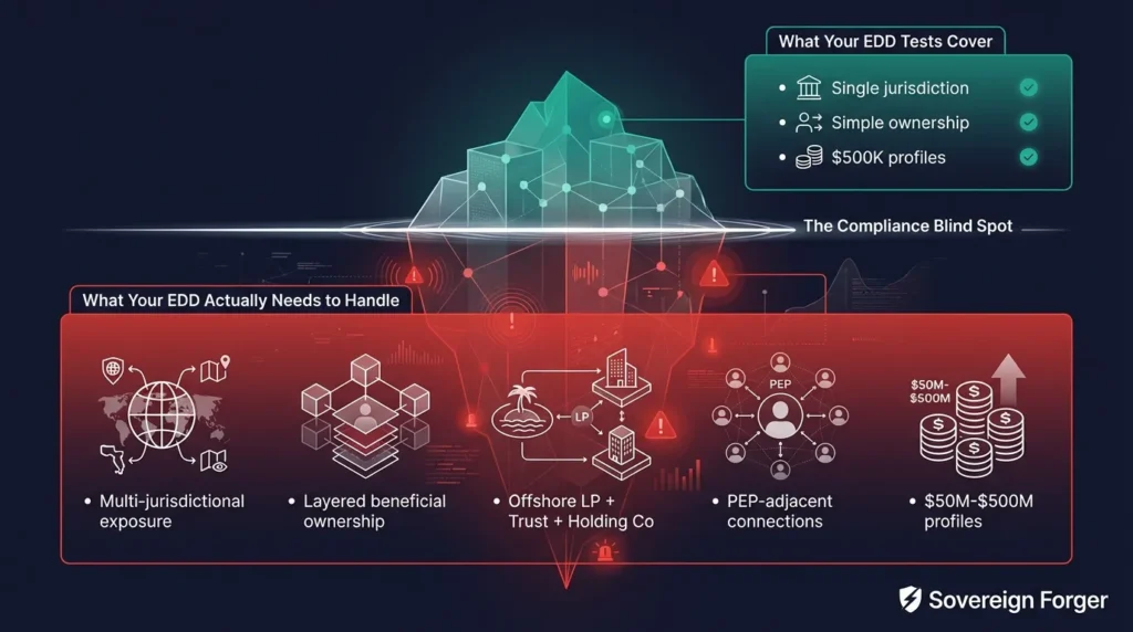 Iceberg showing the compliance blind spot — simple test data above the waterline versus the complex multi-jurisdictional UHNWI scenarios EDD systems actually need to handle