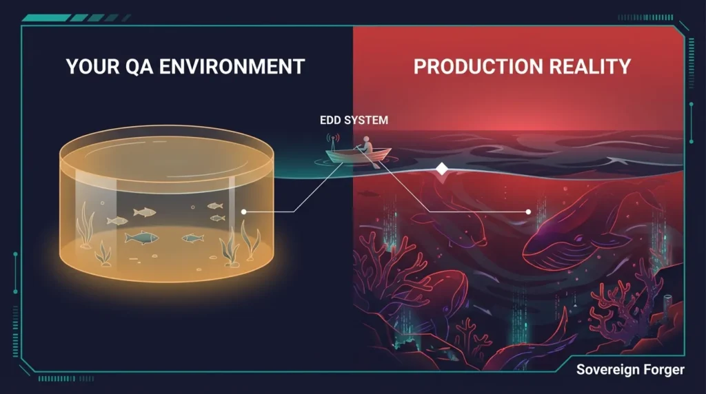 Dashboard comparing typical QA test data with simple profiles versus production reality where 87 percent of UHNWI clients have offshore exposure and all trigger enhanced due diligence