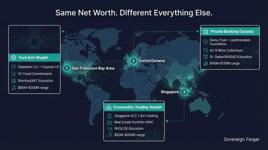 World map highlighting three wealth ecosystems — Silicon Valley tech exits, Zurich private banking, and Singapore commodity trading — each with distinct UHNWI profile structures
