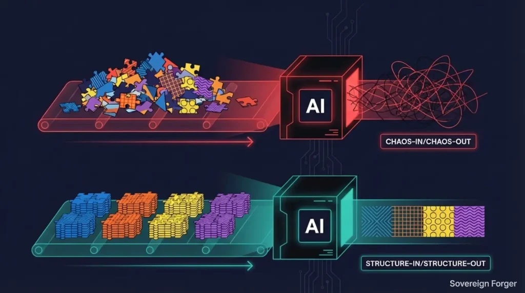 Two AI training approaches — generic synthetic data producing random uncorrelated predictions versus culturally coherent data preserving geographic and wealth pattern signals