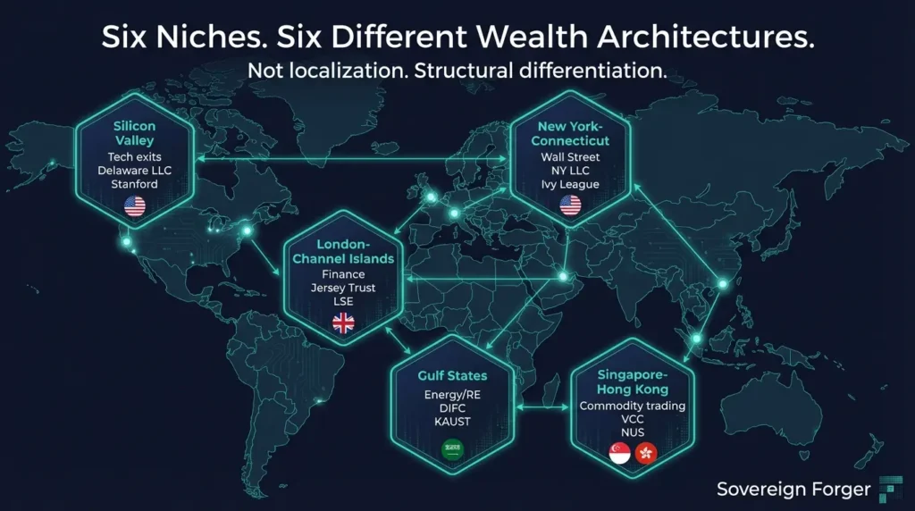 Six Sovereign Forger geographic niches displayed as hexagonal tiles — Silicon Valley, Swiss-Liechtenstein, Singapore-Hong Kong, London-Channel Islands, Gulf States, and New York-Connecticut