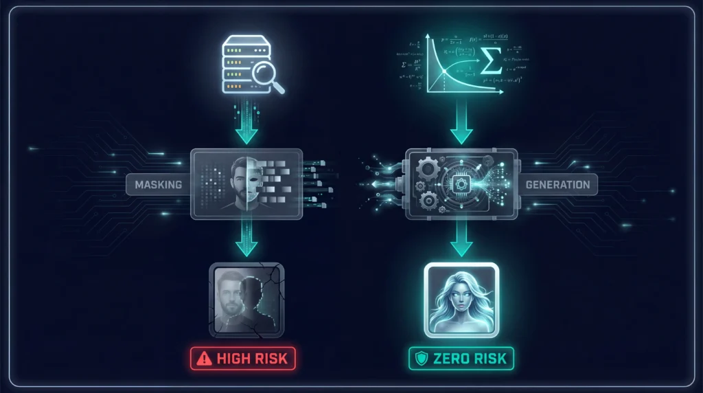 Infographic comparing two data paths: anonymization from real databases carries high re-identification risk, while born-synthetic generation from mathematical formulas produces zero-risk profiles with no lineage