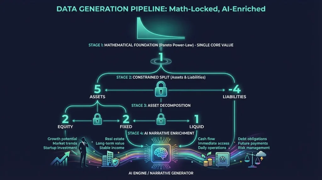 Sovereign Forger generation pipeline — Pareto distribution produces net worth, constrained splits derive assets and liabilities, then AI adds narrative without touching the numbers