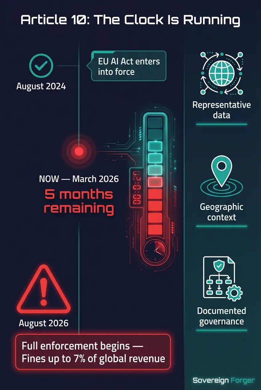 Timeline showing EU AI Act milestones from August 2024 entry into force to August 2026 full enforcement with 5 months remaining