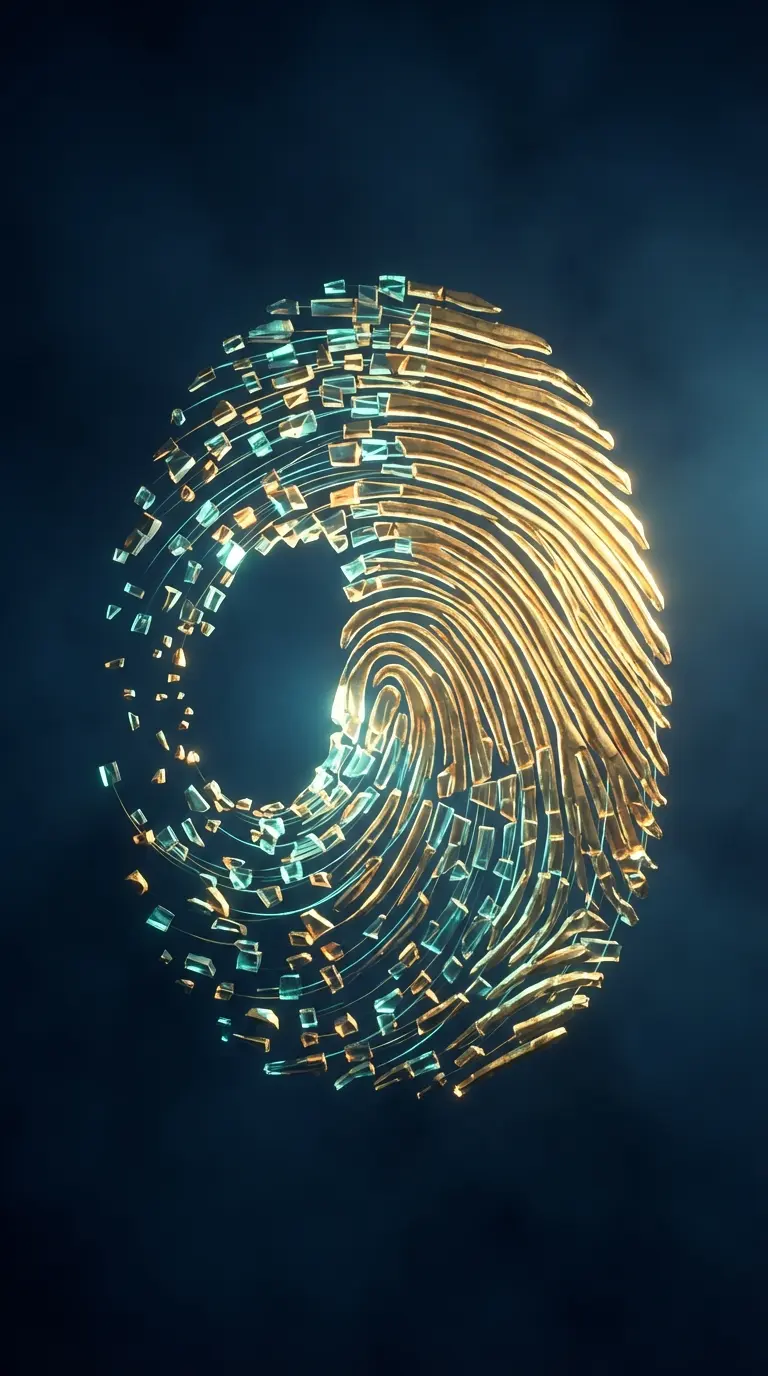 cinematic close up of a golden fingerprint hoverin 1773674494096