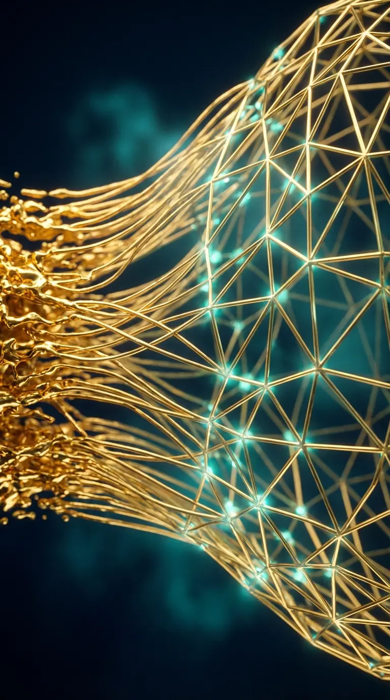 Home cinematic close up of abstract golden data strands 1773649166394