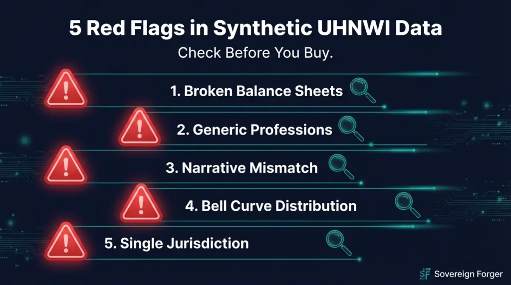 Five red flag warning icons for evaluating synthetic UHNWI data — broken balance sheets, generic professions, narrative mismatch, bell curve distribution, and single jurisdiction