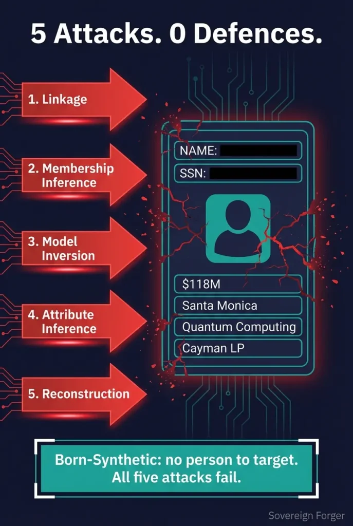 Five re-identification attack arrows converging on an anonymized UHNWI profile card — all five succeed because quasi-identifiers remain visible