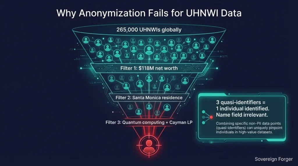 Funnel diagram showing how three quasi-identifiers narrow 265,000 UHNWIs down to a single identifiable individual — making anonymization ineffective