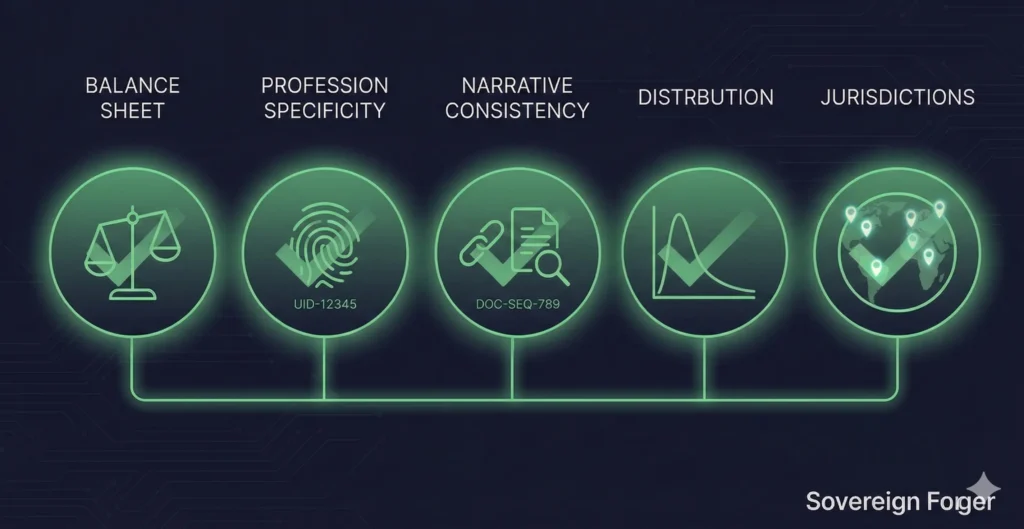 Five-point sample file audit scorecard showing pass indicators for balance sheet, profession specificity, narrative consistency, distribution shape, and jurisdiction diversity