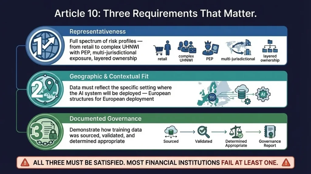 Three Article 10 requirements for AI training data — representativeness, geographic context, and documented governance — all required for compliance
