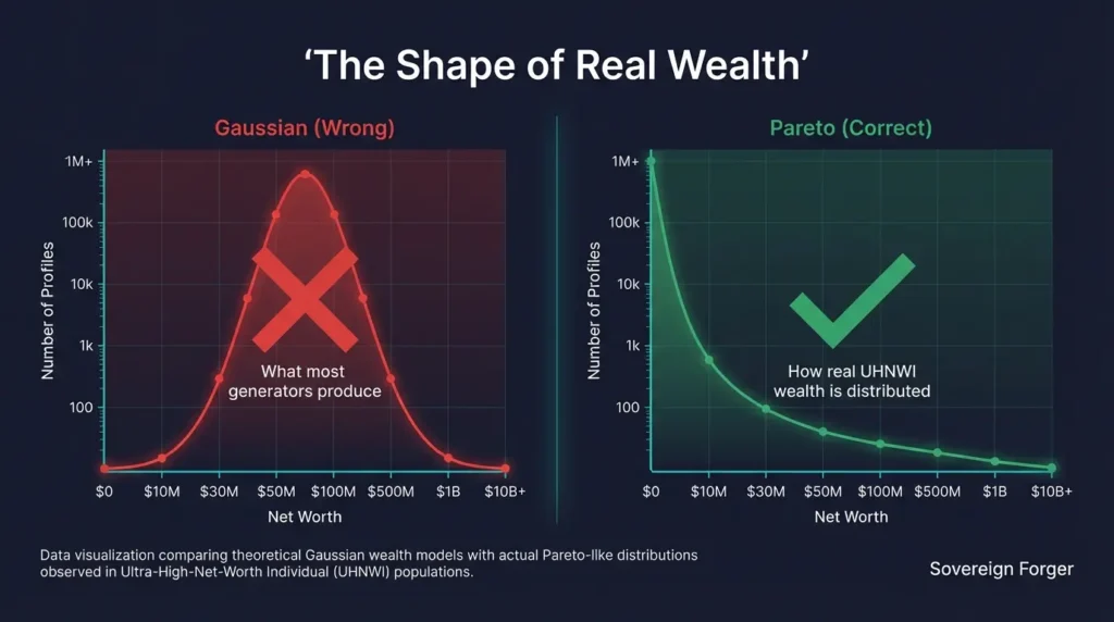 Side-by-side comparison of Gaussian bell curve versus Pareto power law distribution for UHNWI wealth — showing why real wealth is heavily right-skewed, not symmetric