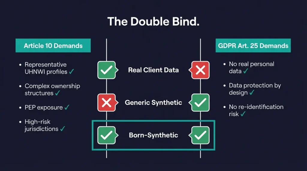 Double bind diagram showing Article 10 demands versus GDPR demands — only born-synthetic data satisfies both simultaneously