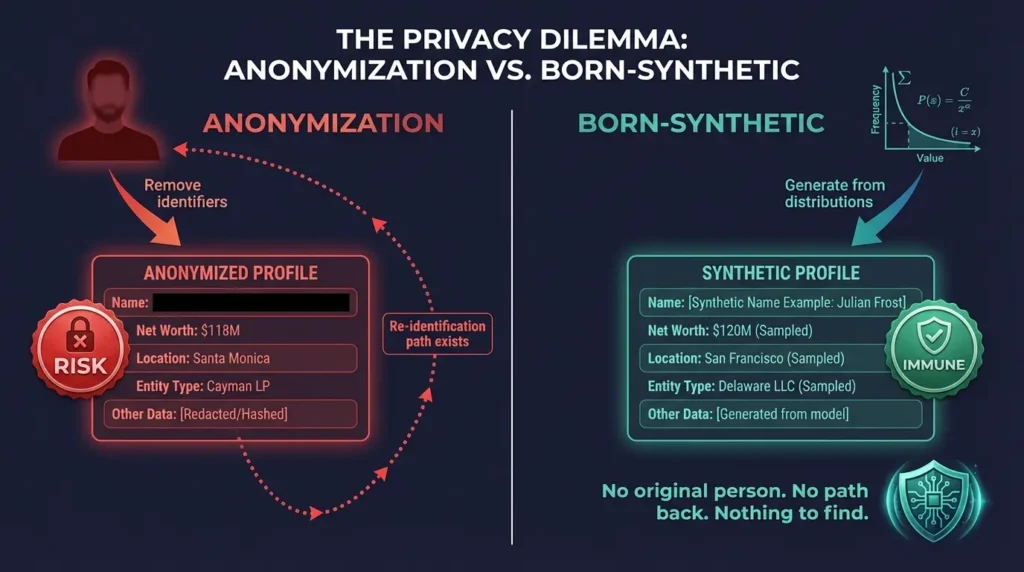Structural comparison — anonymization hides a real identity with re-identification path remaining versus born-synthetic generates from math with no person to trace back to