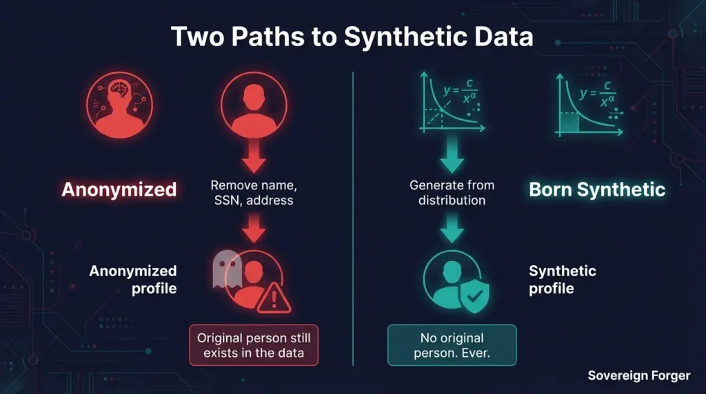 Two paths to synthetic data — anonymized starting from real people with re-identification risk versus born-synthetic starting from mathematics with no original person