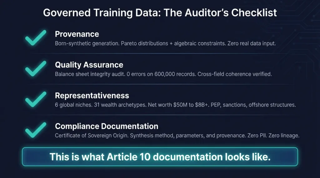 Four-point Article 10 compliance checklist — provenance, quality assurance, representativeness, and compliance documentation — all satisfied by born-synthetic data