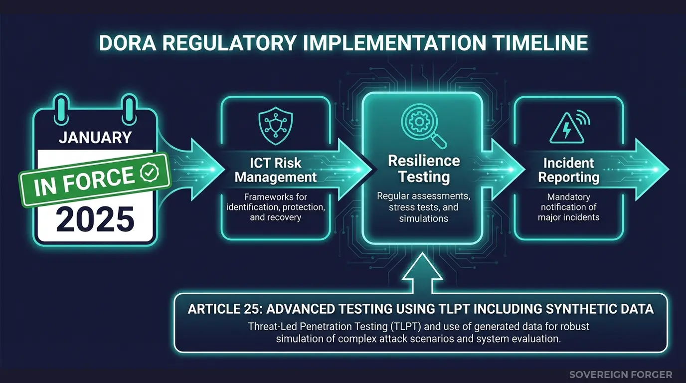 DORA regulatory timeline showing January 2025 enforcement with three pillars