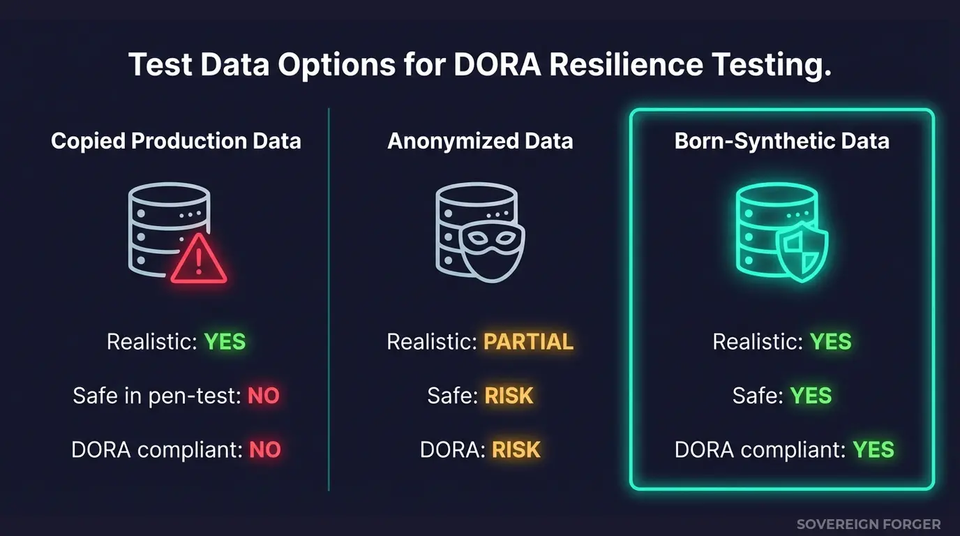 Three-column comparison of test data approaches for DORA resilience testing