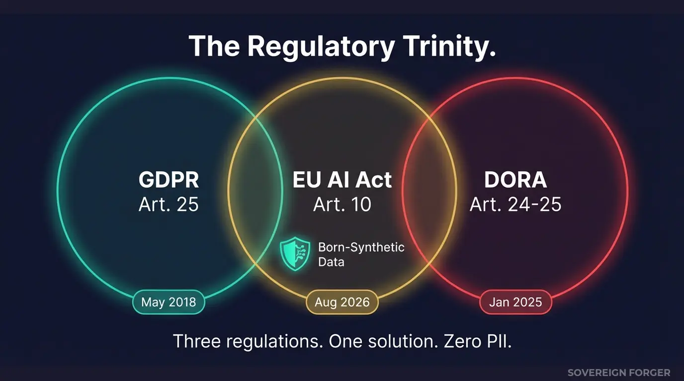 Venn diagram showing GDPR, EU AI Act, and DORA overlapping with born-synthetic data in center