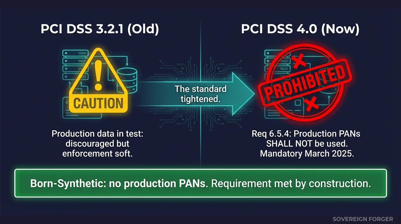 Split comparison of PCI DSS 3.2.1 versus 4.0 — old standard discouraged, new standard prohibits