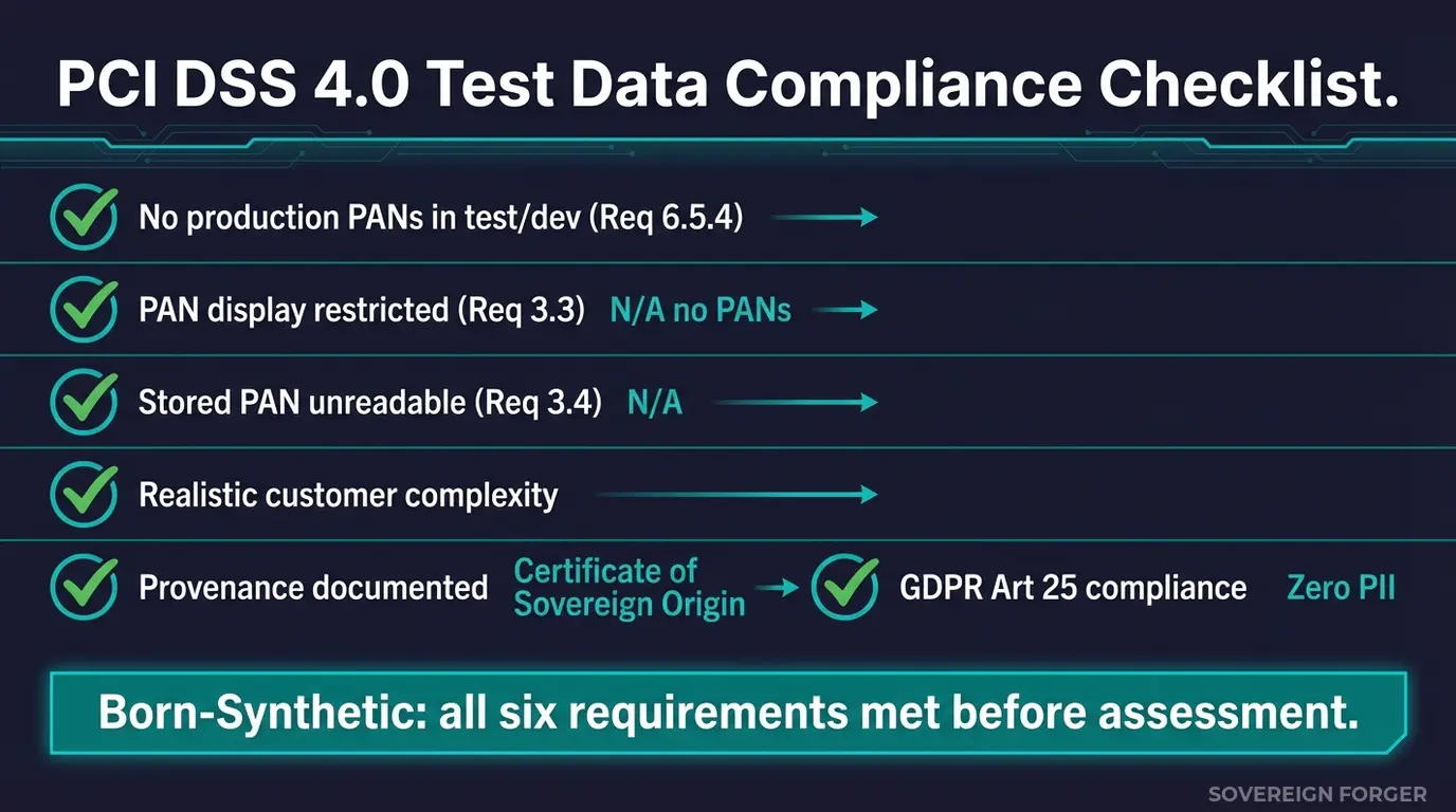 PCI DSS 4.0 test data compliance checklist — all six requirements met by born-synthetic data