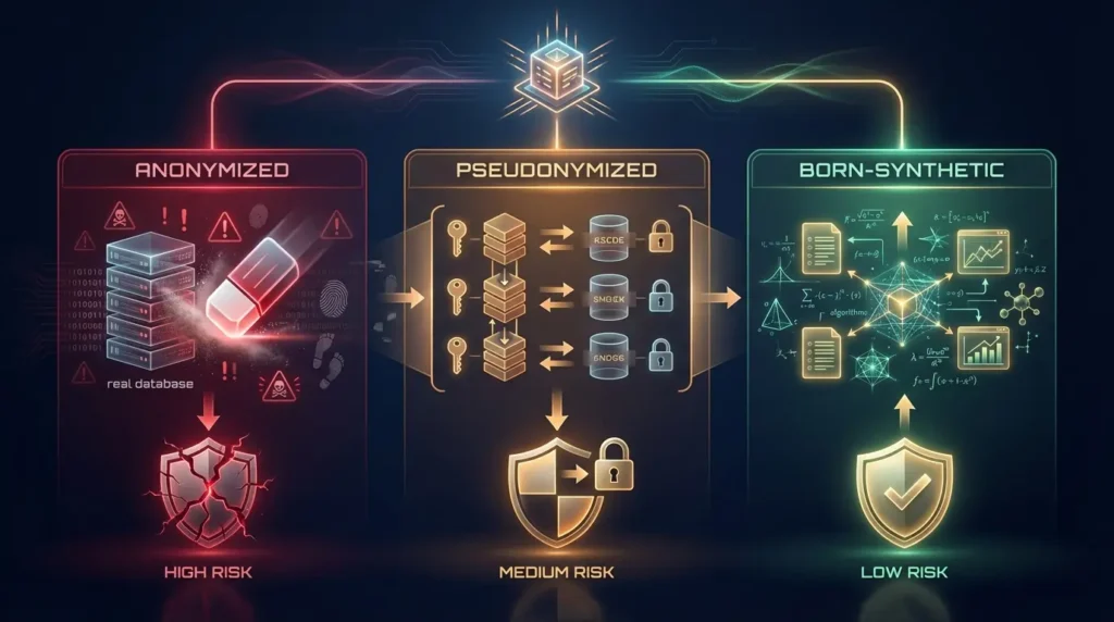 Comparison of three data approaches: anonymized data retains re-identification risk, pseudonymized data remains personal data under GDPR, born-synthetic data has zero lineage to real persons
