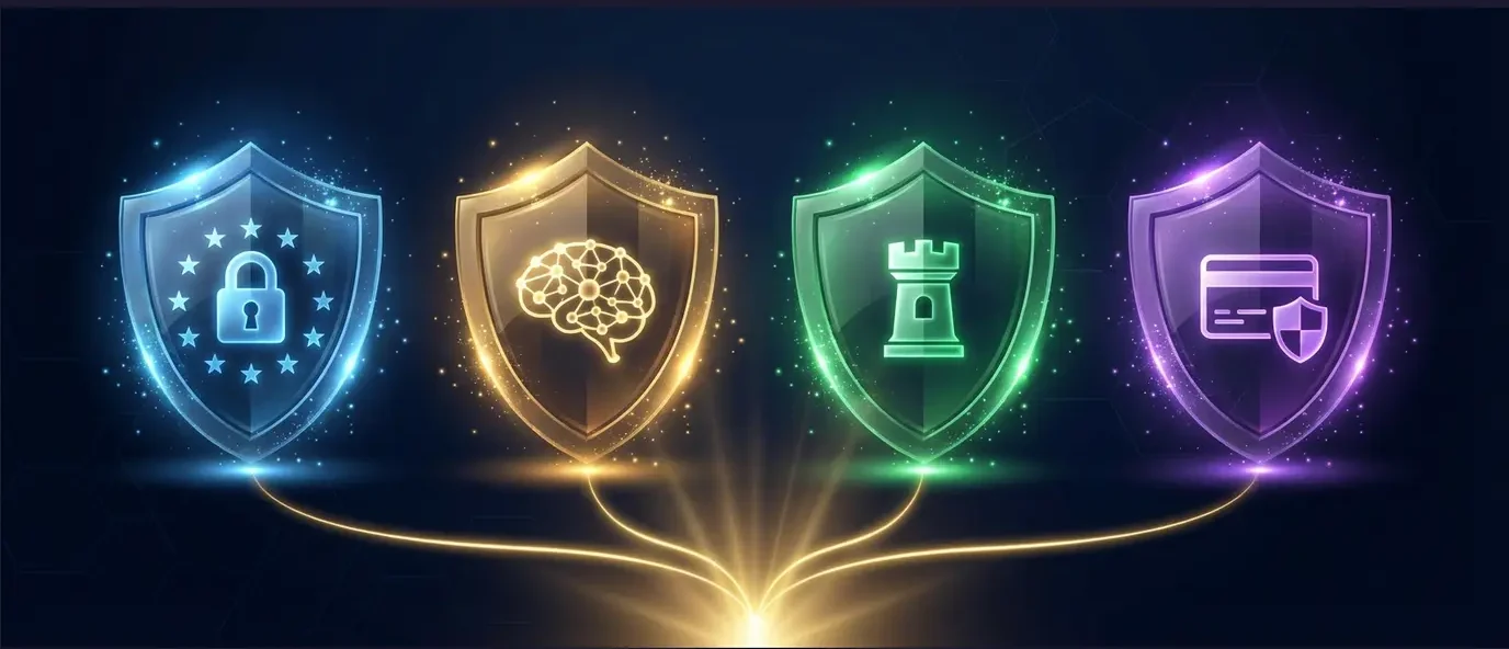 Four regulatory frameworks unified by born-synthetic data: GDPR Article 25, EU AI Act Article 10, DORA Articles 24-25, and PCI DSS 4.0 Requirement 6.5.4