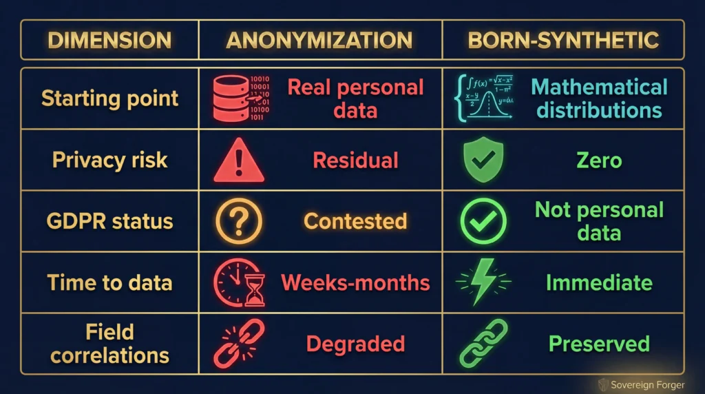 Five-dimension comparison table — anonymization versus born-synthetic data across starting point, privacy risk, GDPR status, time to data, and field correlations